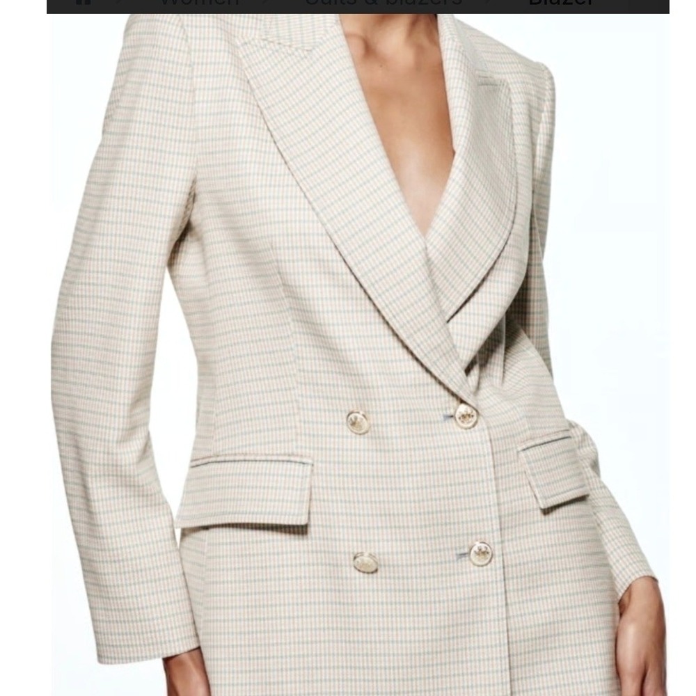 ZARA style channel  Double Breasted Plaid Blazer Jacket Cream Blue Tan‎ Size S